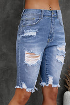 Distressed Frayed Hem Denim Bermuda Shorts - Delanoir