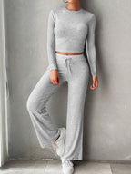 Round Neck Long Sleeve Top and Drawstring Pants Set - Delanoir