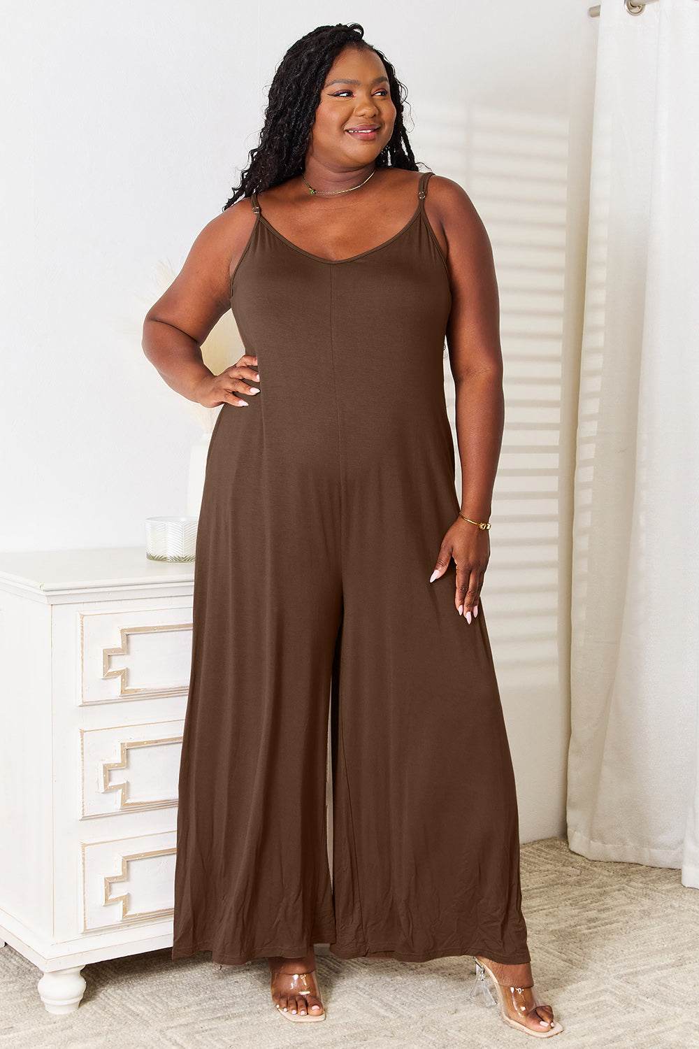 Double Take Full Size Soft Rayon Spaghetti Strap Tied Wide Leg Jumpsuit - Delanoir