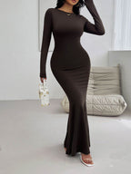 Devine Backless Round Neck Long Sleeve Maxi Dress - Delanoir