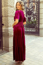 Tiered Notched Short Sleeve Dress with Pockets - Delanoir