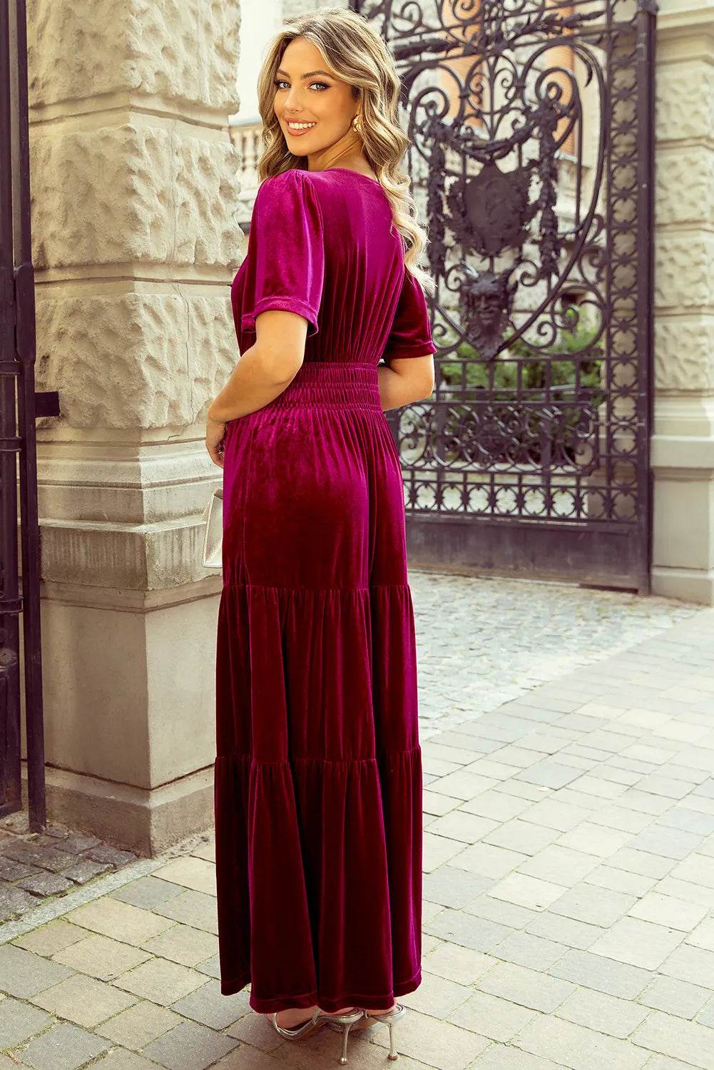 Tiered Notched Short Sleeve Dress with Pockets - Delanoir