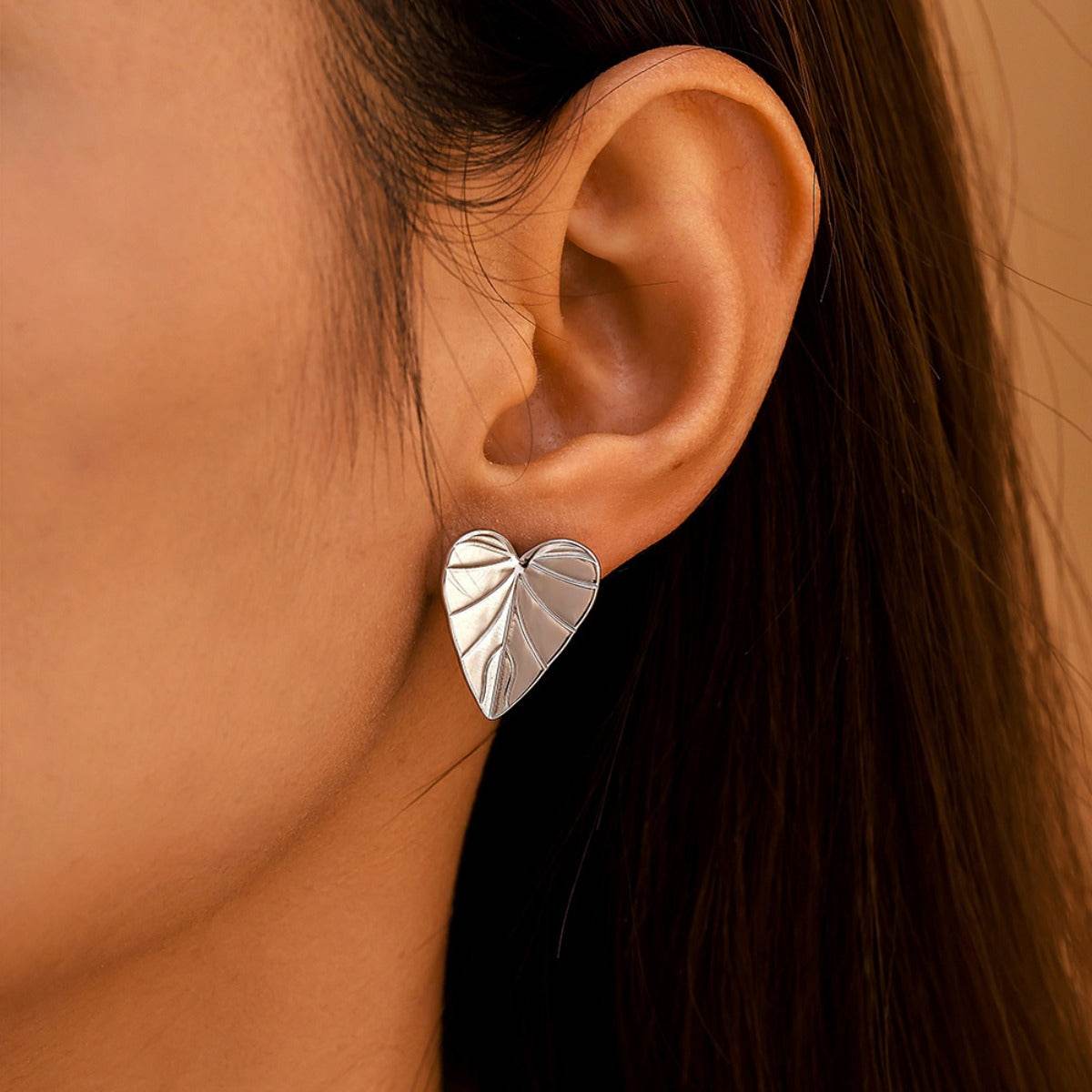 Stainless Steel Heart Leaf Stud Earring - Delanoir