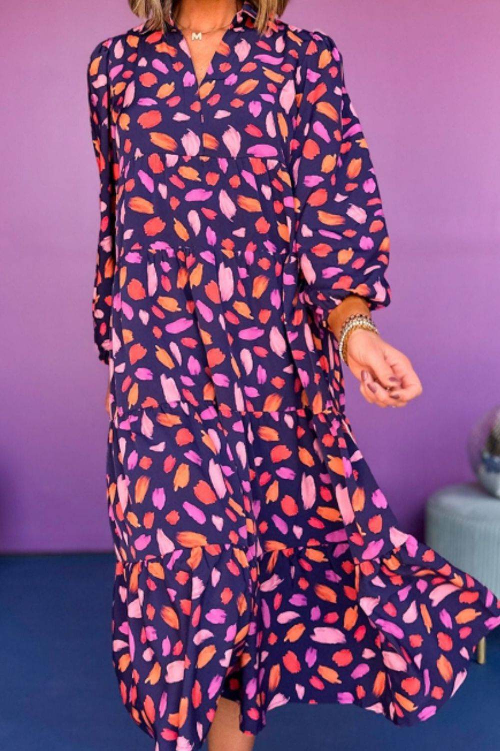 Printed Notched Long Sleeve Dress - Delanoir
