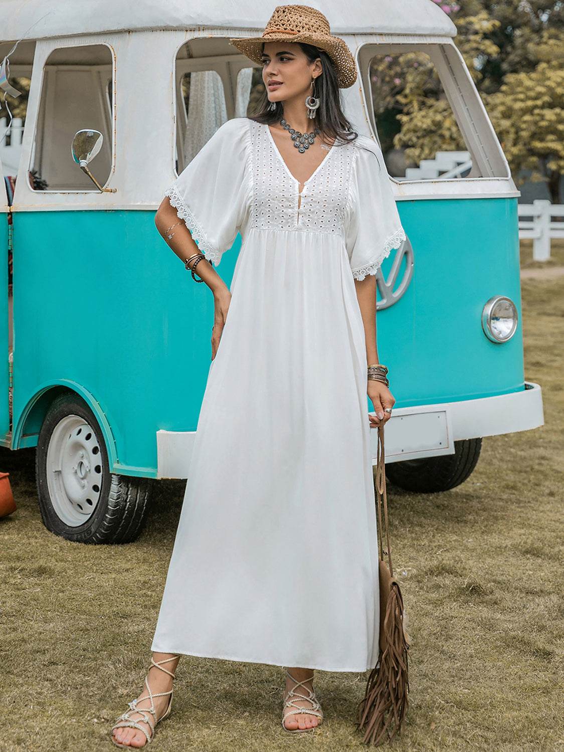 Lace Detail Eyelet V-Neck Half Sleeve Dress - Delanoir
