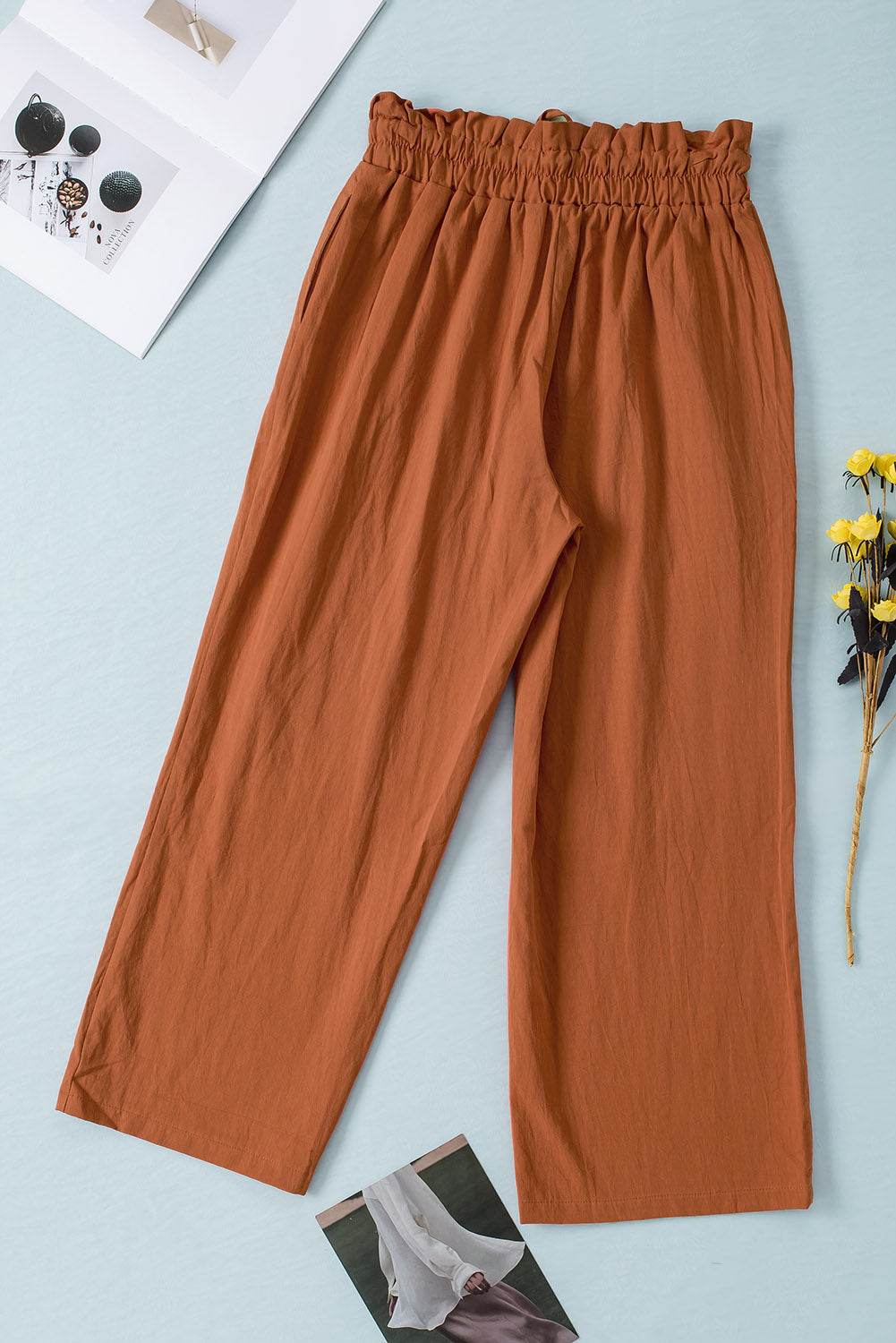 Drawstring Paperbag Waist Wide Leg Pants - Delanoir