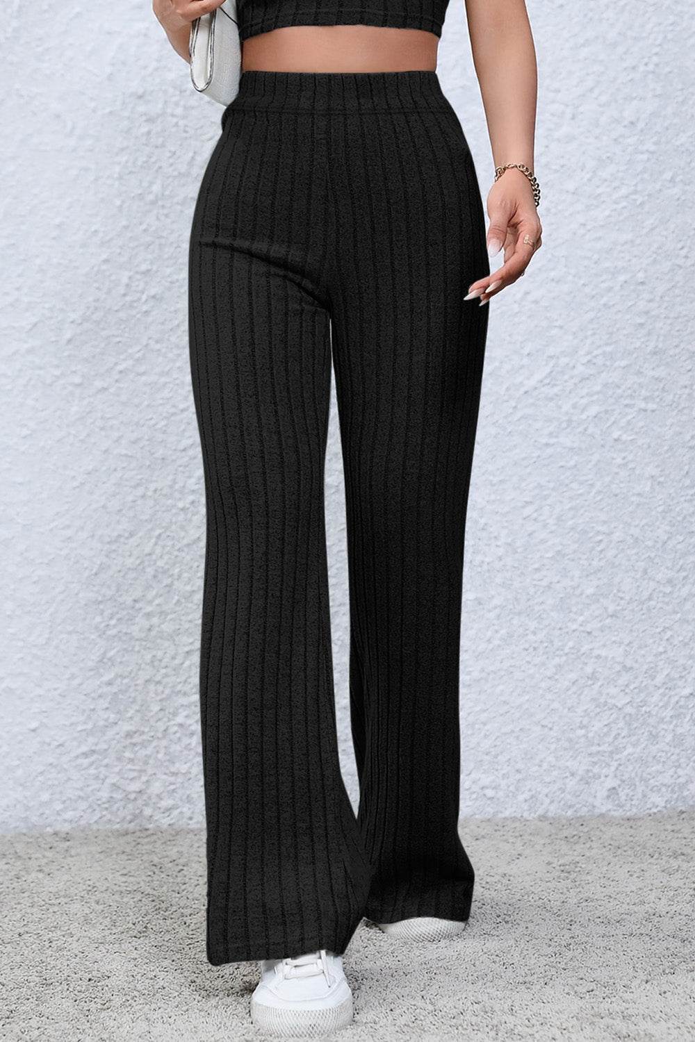 Basic Bae Full Size Ribbed High Waist Flare Pants - Delanoir