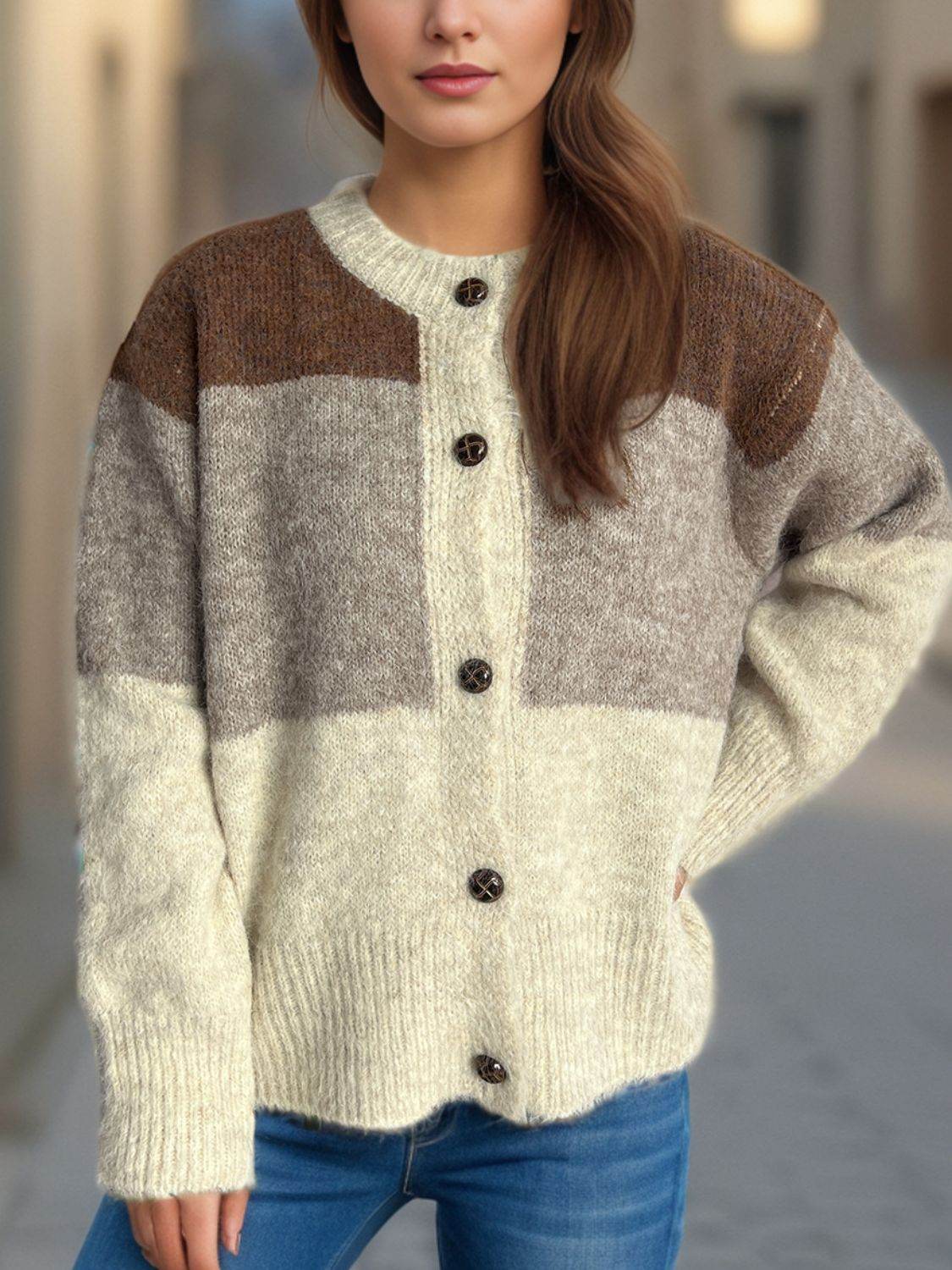 Color Block Round Neck Button Up Cardigan - Delanoir