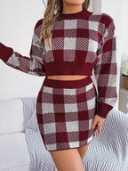 Plaid Round Neck Top and Skirt Sweater Set - Delanoir