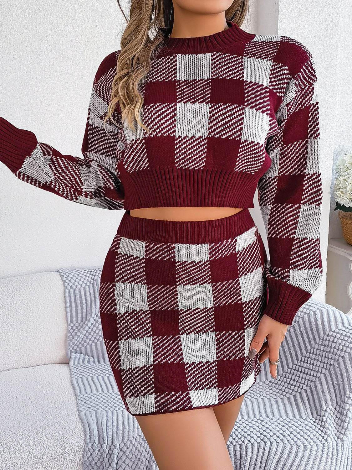 Plaid Round Neck Top and Skirt Sweater Set - Delanoir