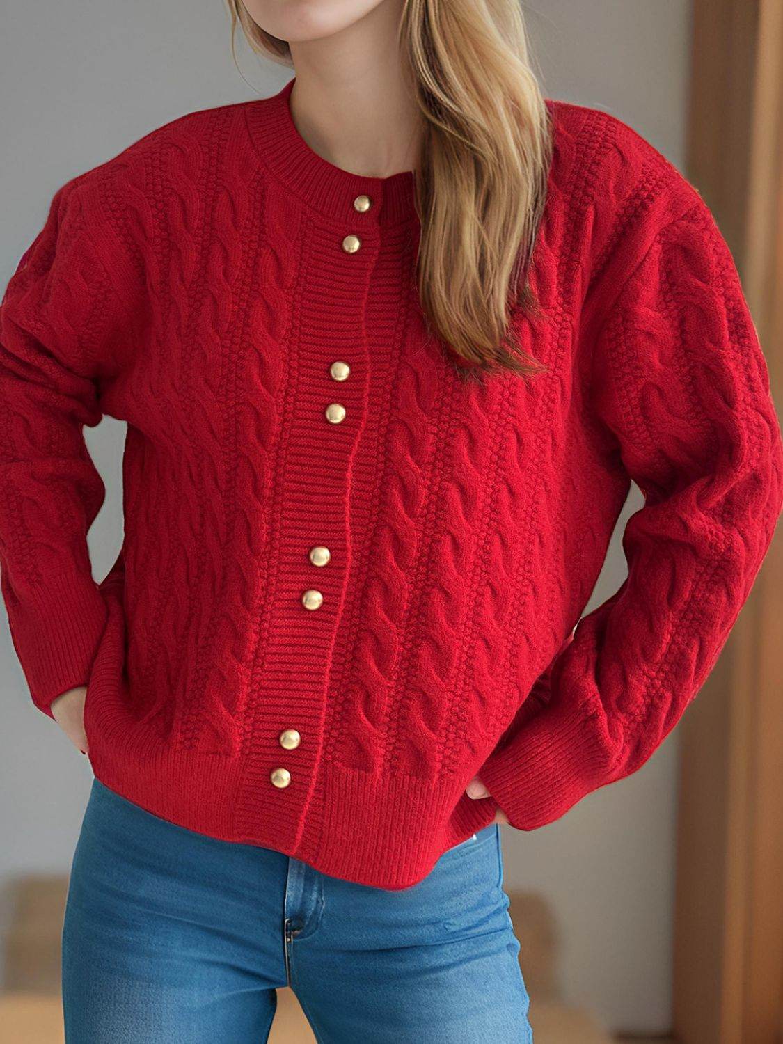 Cable-Knit Round Neck Long Sleeve Cardigan - Delanoir