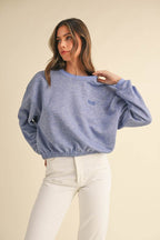 Mable Round Neck Letter Embroidery Crop Sweatshirt - Delanoir