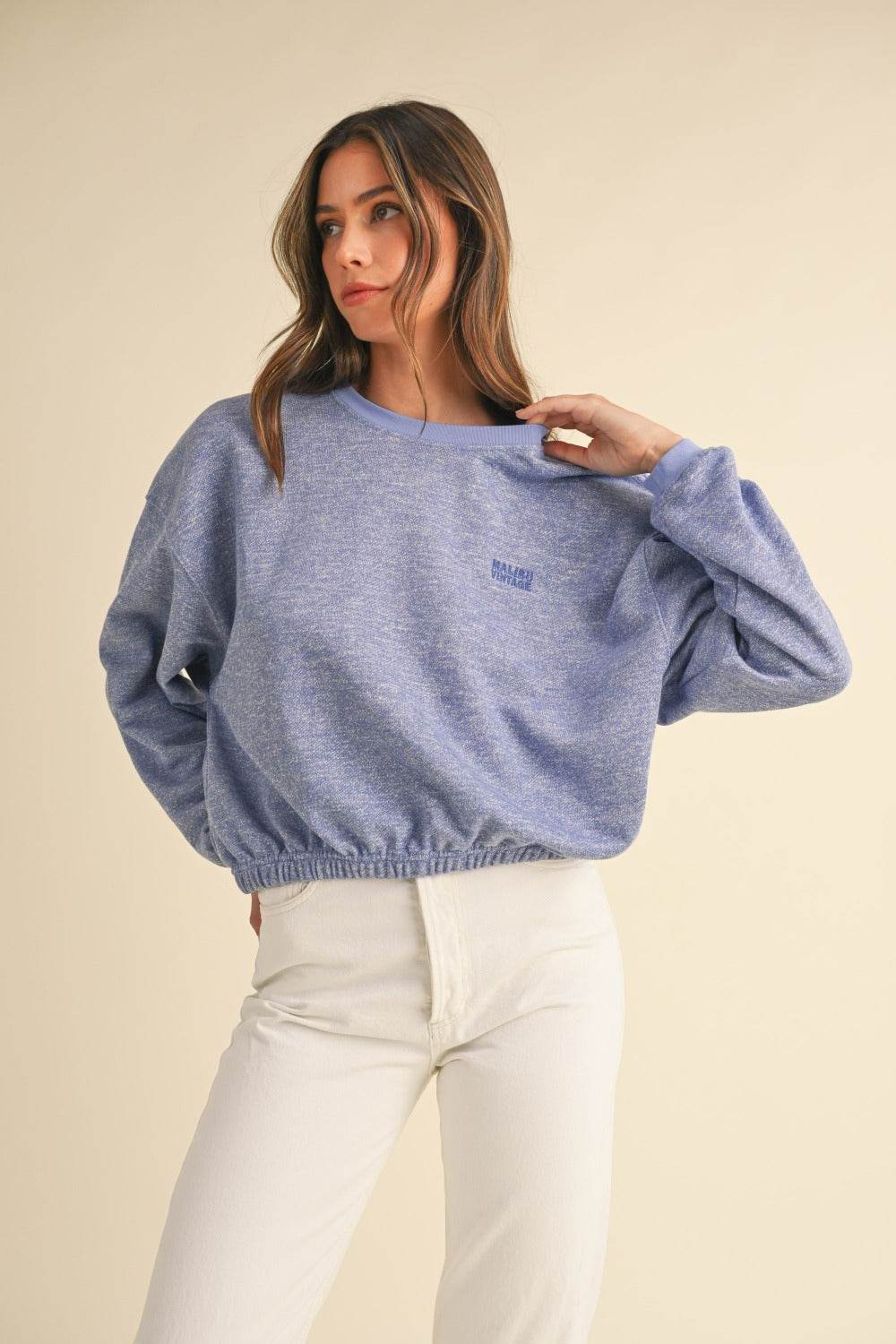 Mable Round Neck Letter Embroidery Crop Sweatshirt - Delanoir