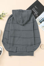 Zip-Up Raglan Sleeve Openwork Hooded Cardigan - Delanoir