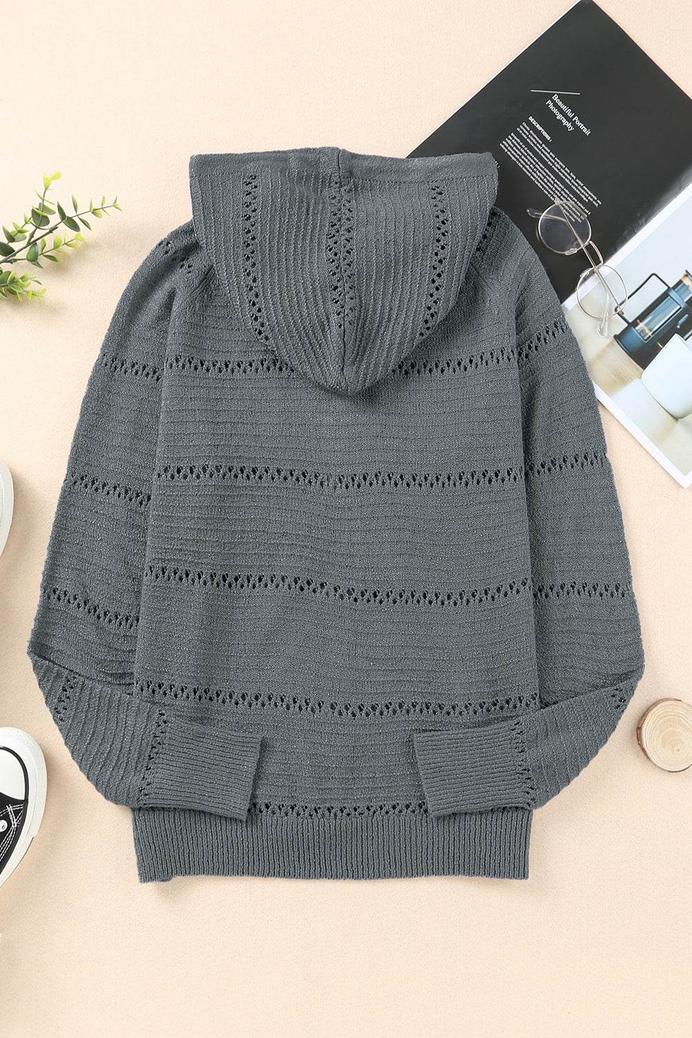 Zip-Up Raglan Sleeve Openwork Hooded Cardigan - Delanoir