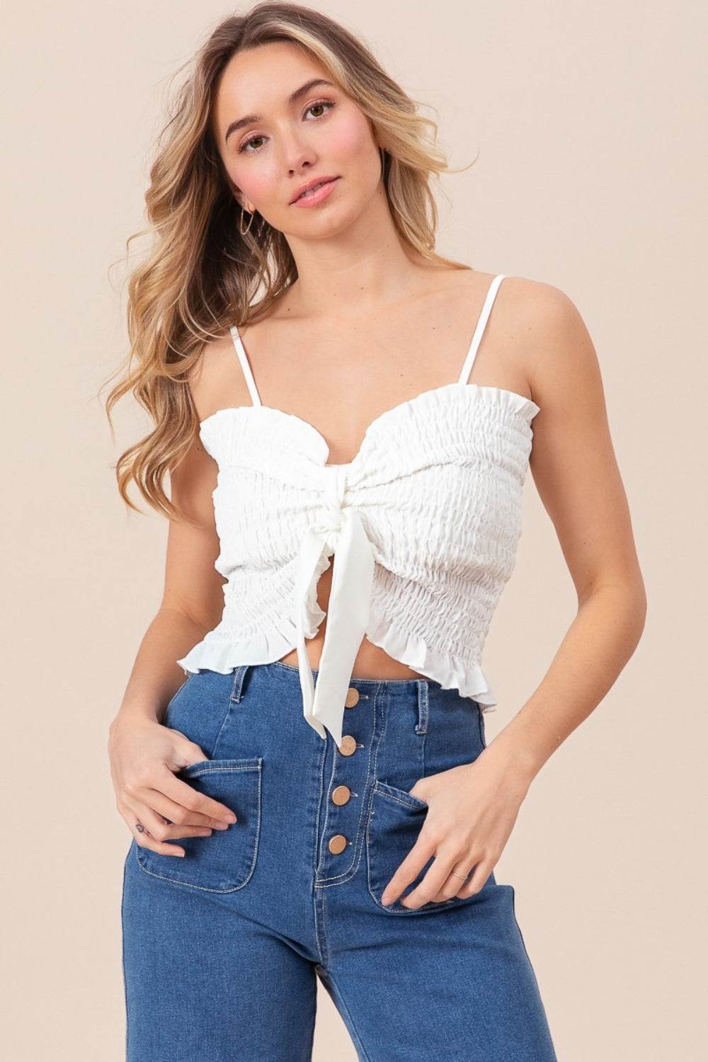 BiBi Ruffled Smocked Ribbon Detail Cami - Delanoir
