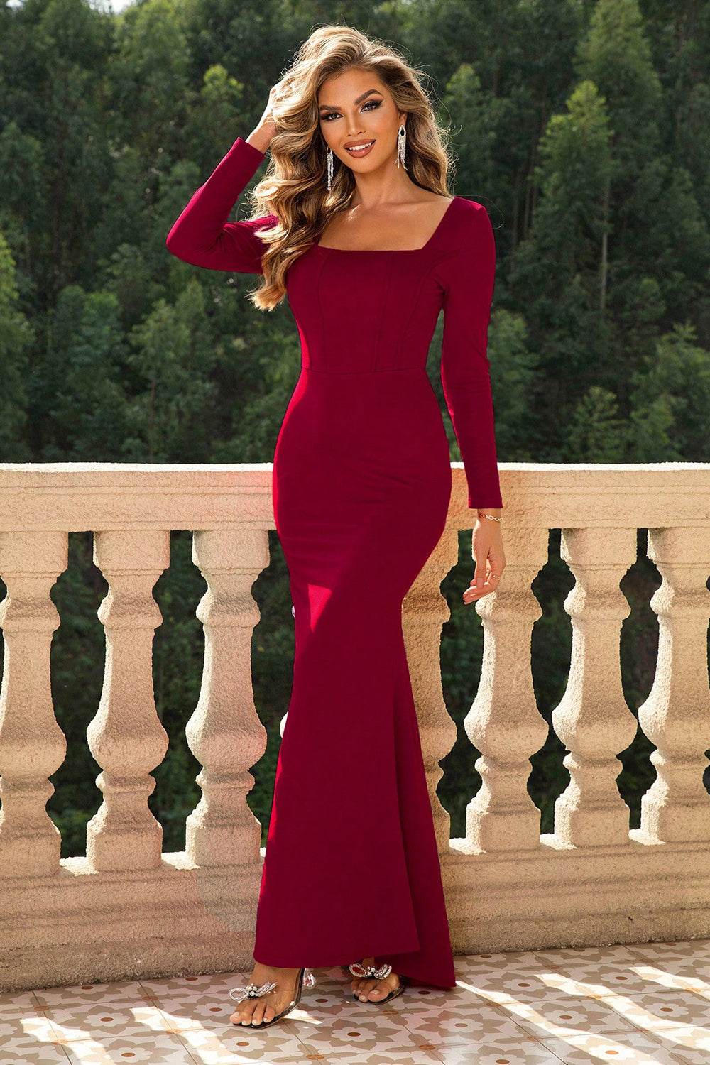 Square Neck Long Sleeve Dress - Delanoir