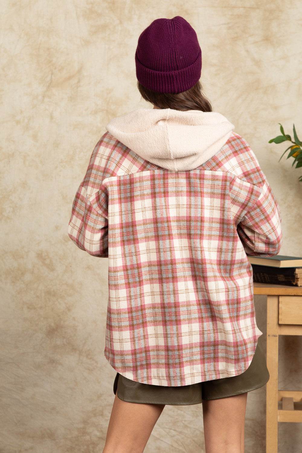 Drawstring Plaid Long Sleeve Hooded Jacket - Delanoir