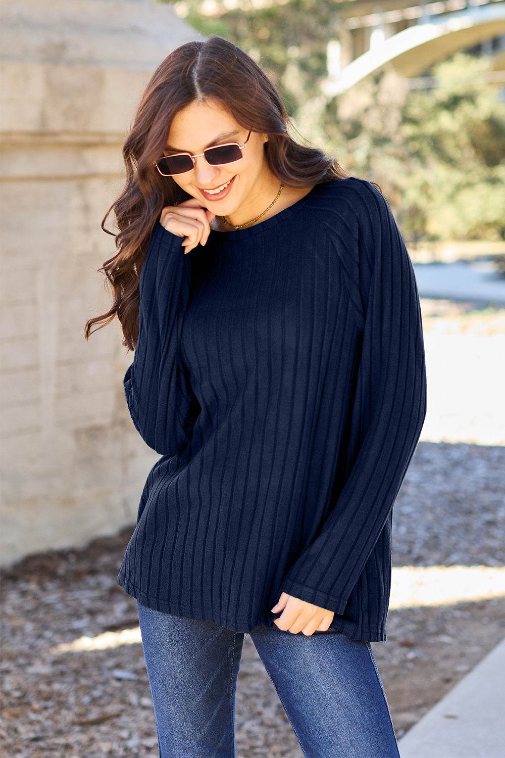 Basic Bae Full Size Ribbed Round Neck Long Sleeve Knit Top - Delanoir