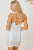 Sequin Spaghetti Strap Mini Wrap Dress - Delanoir