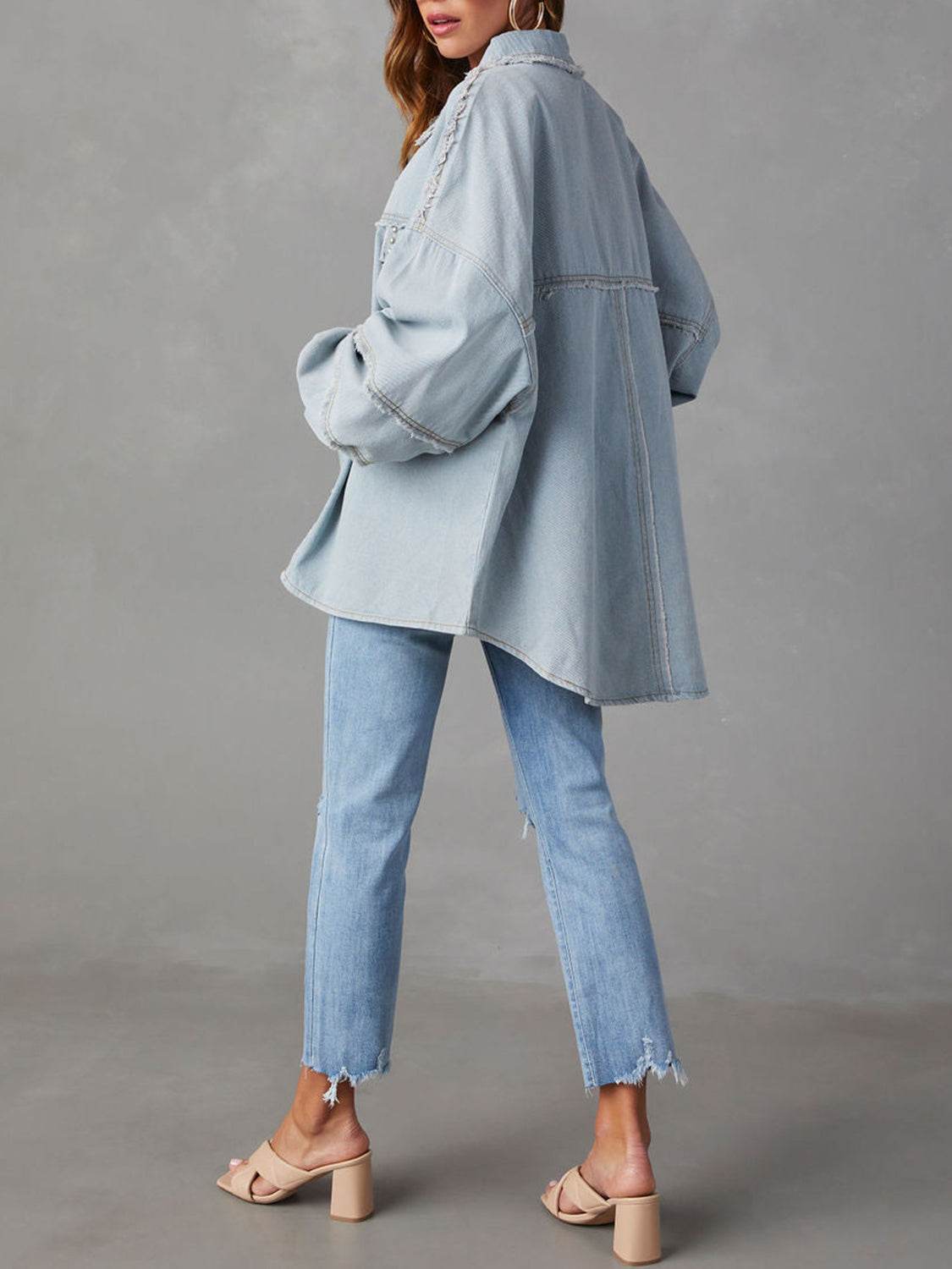 Button Down Raw Hem Denim Jacket - Delanoir