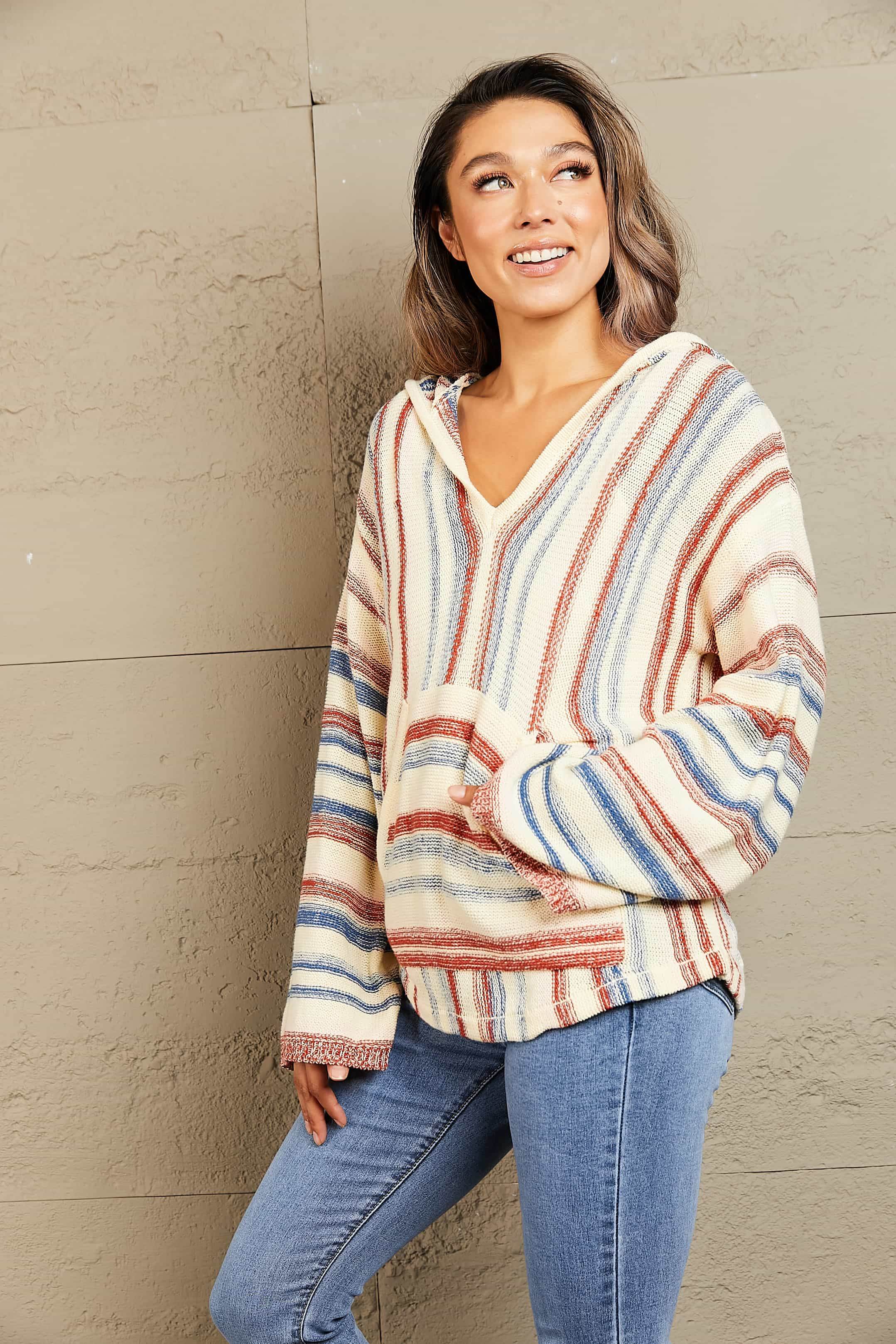 Striped Hooded Sweater with Kangaroo Pocket - Delanoir