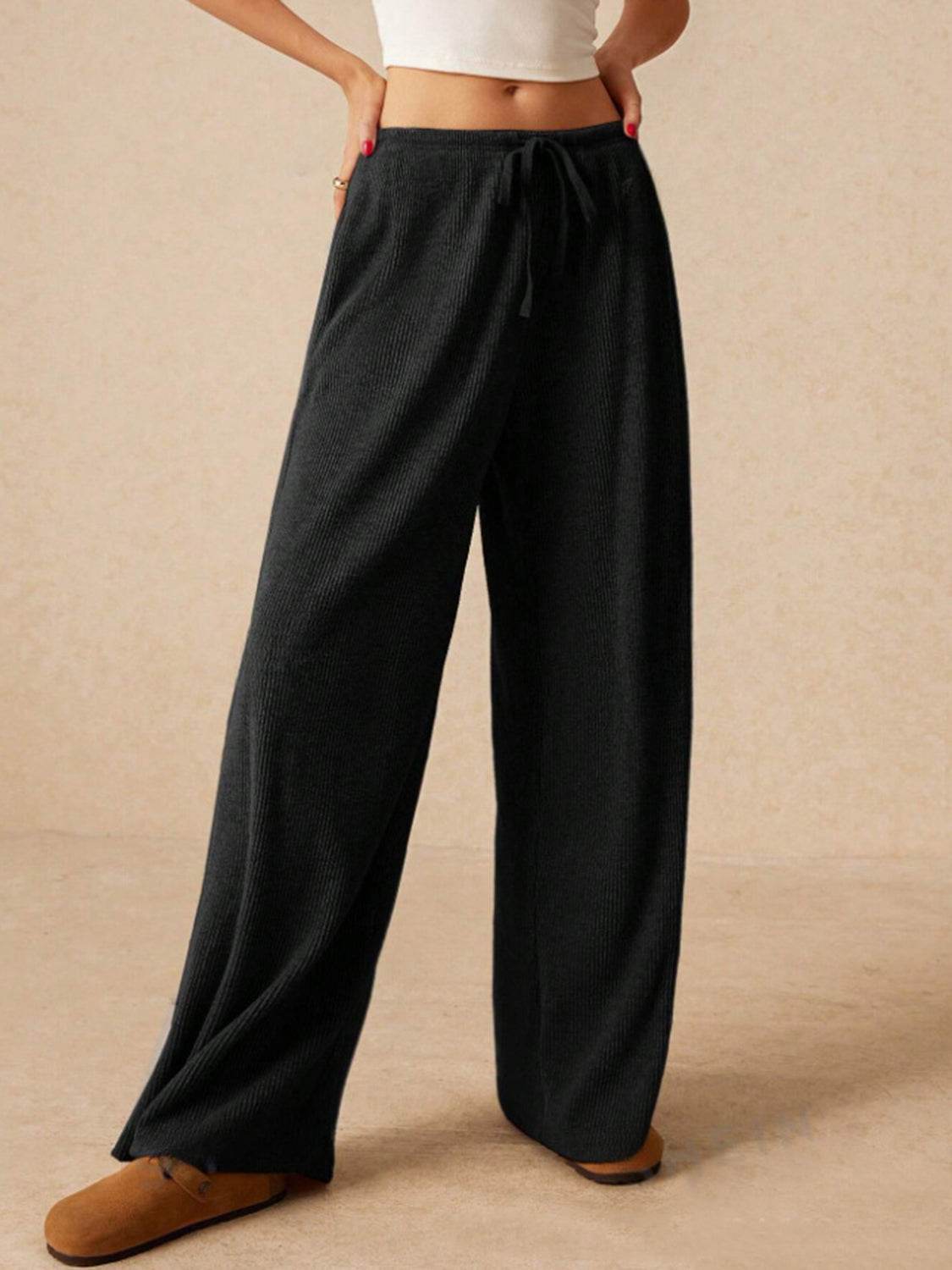 Ribbed Drawstring Wide Leg Pants - Delanoir