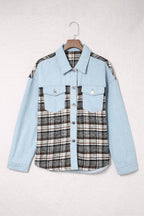 Plaid Pocketed Button Up Denim Jacket - Delanoir