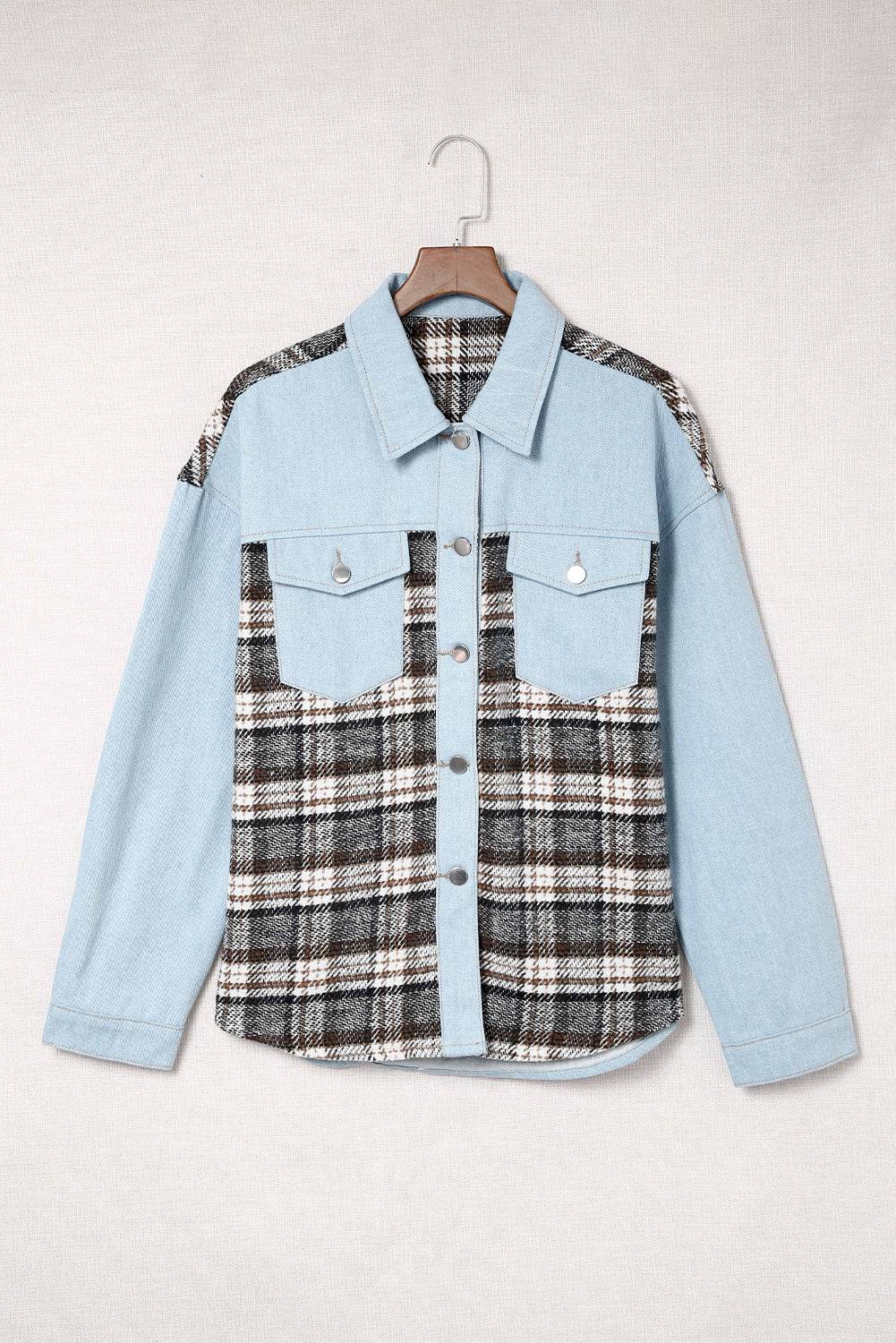 Plaid Pocketed Button Up Denim Jacket - Delanoir