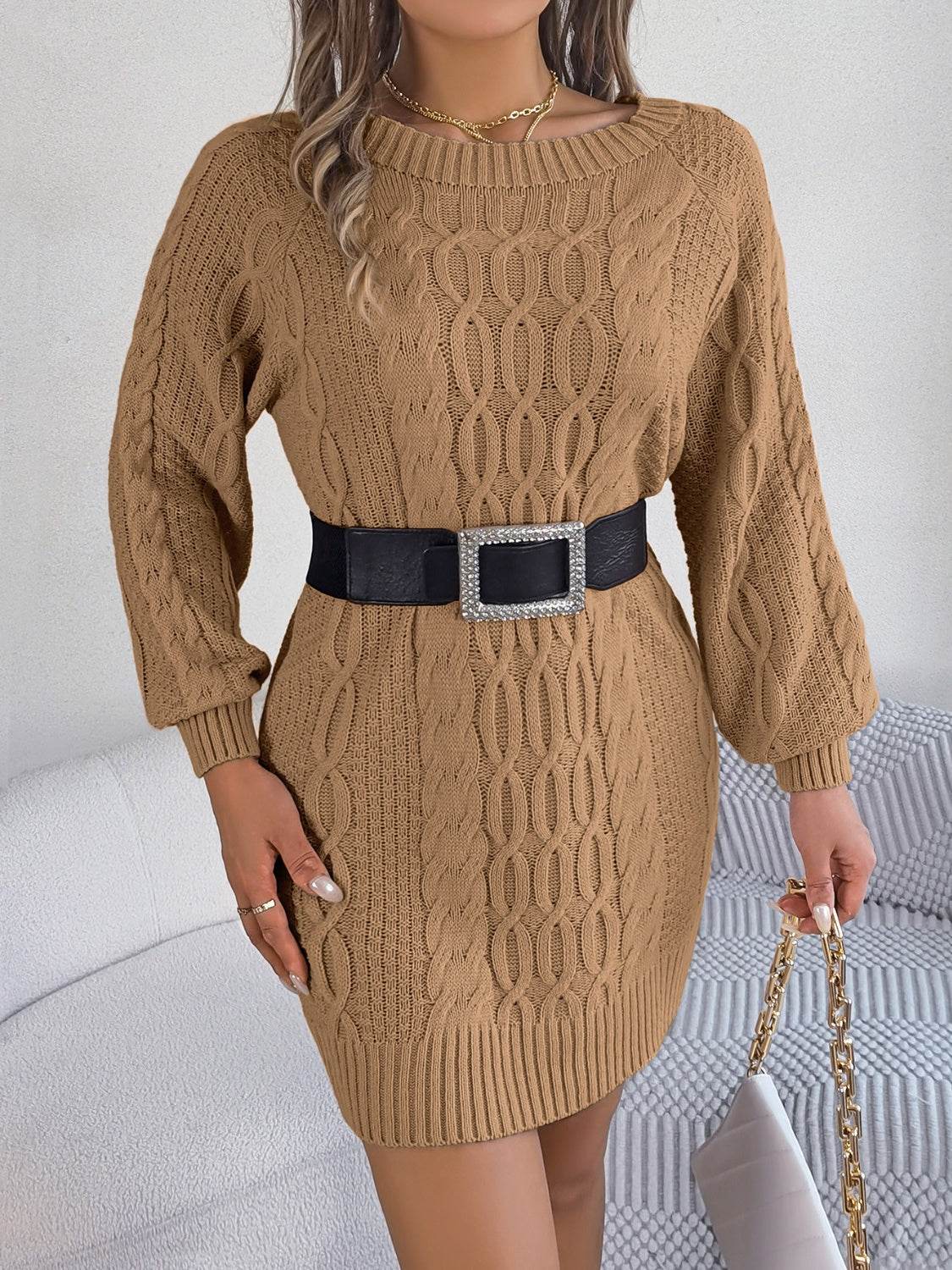 Cable-Knit Round Neck Sweater Dress - Delanoir