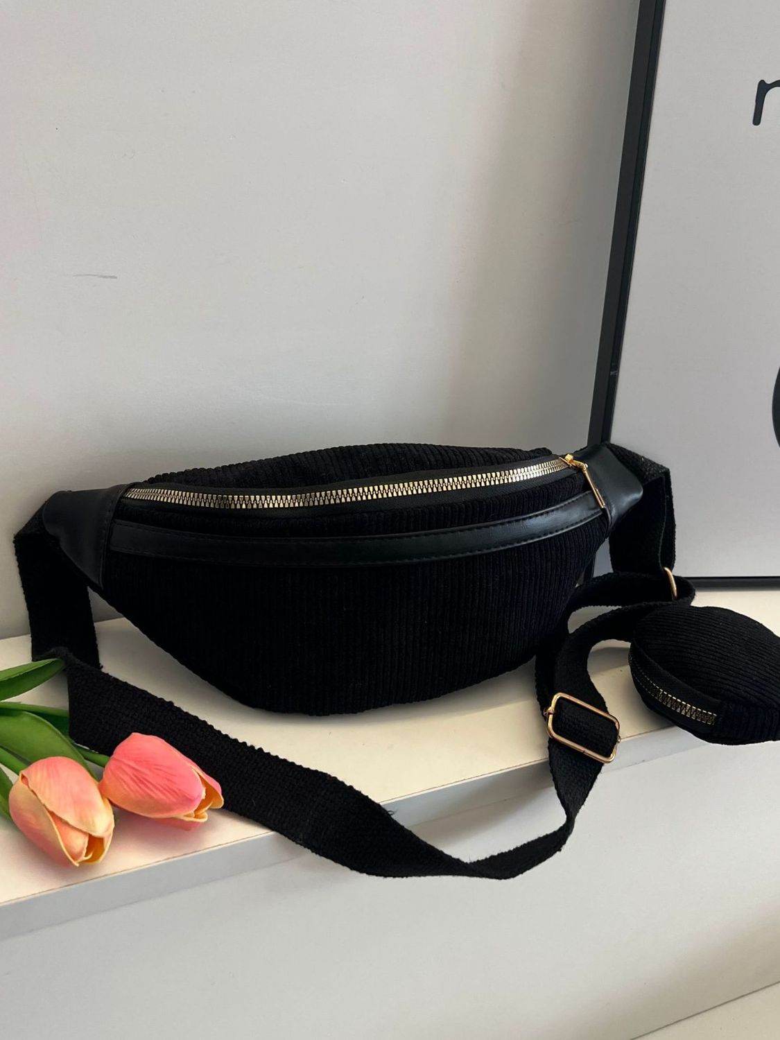 Corduroy Adjustable Strap Crossbody Bag with Pouch - Delanoir