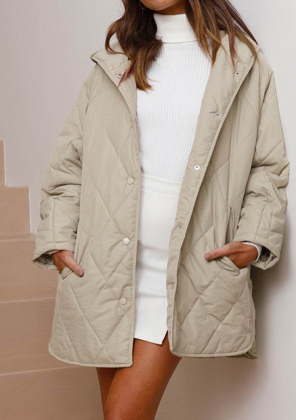 Snap Down Long Sleeve Quilted Winter Coat - Delanoir