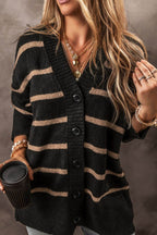 Striped Button Down Long Sleeve Cardigan - Delanoir