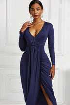 High-low Ruched Surplice Long Sleeve Dress - Delanoir