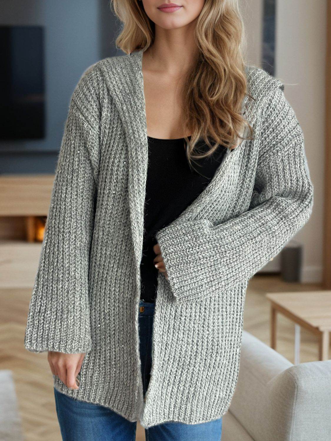 Sequin Detail Long Sleeve Hooded Cardigan - Delanoir
