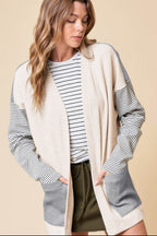 Open Front Long Sleeve Striped Cardigan with Pockets - Delanoir