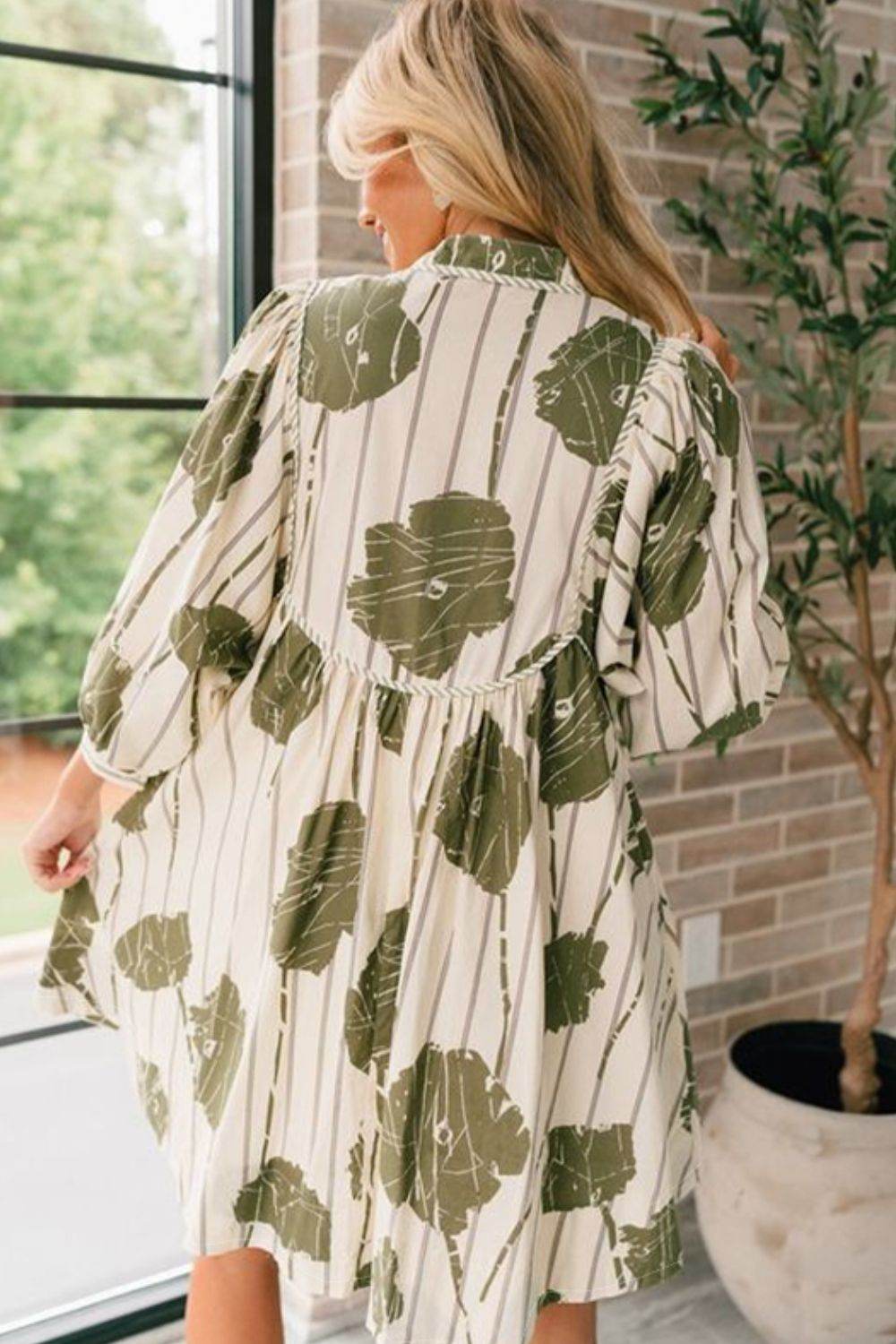 Printed Tie Neck Three-Quarter Sleeve Mini Dress - Delanoir
