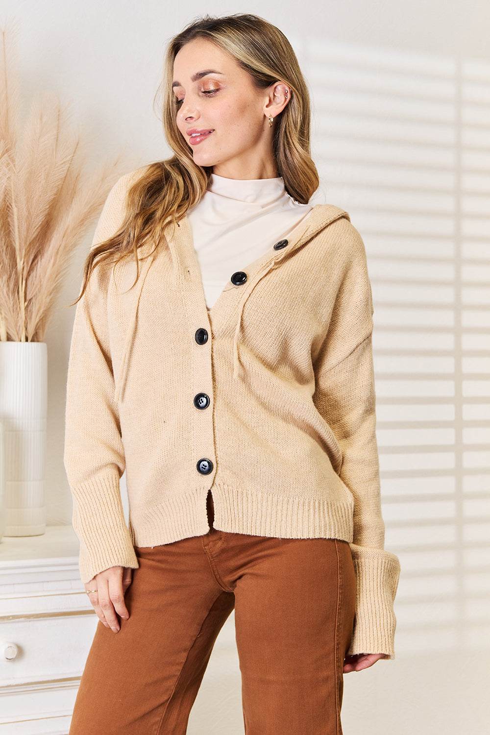 Woven Right Button-Down Long Sleeve Hooded Sweater - Delanoir