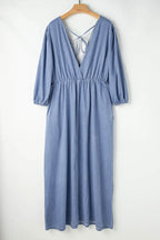 Tied Plunge Three-Quarter Sleeve Denim Dress - Delanoir
