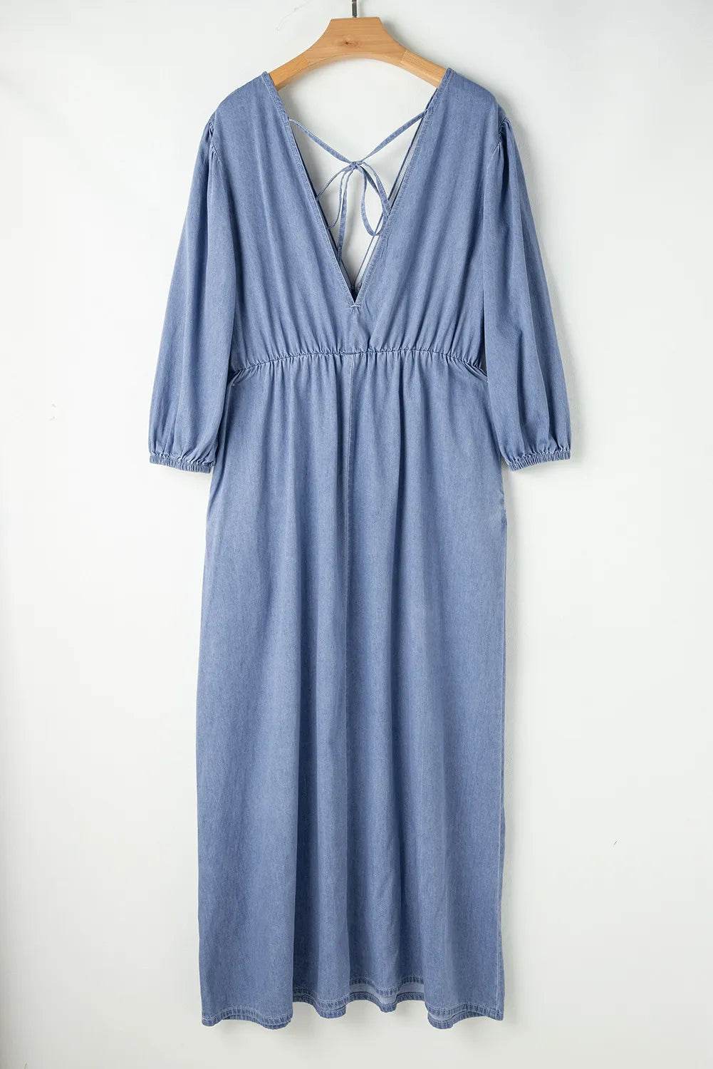 Tied Plunge Three-Quarter Sleeve Denim Dress - Delanoir