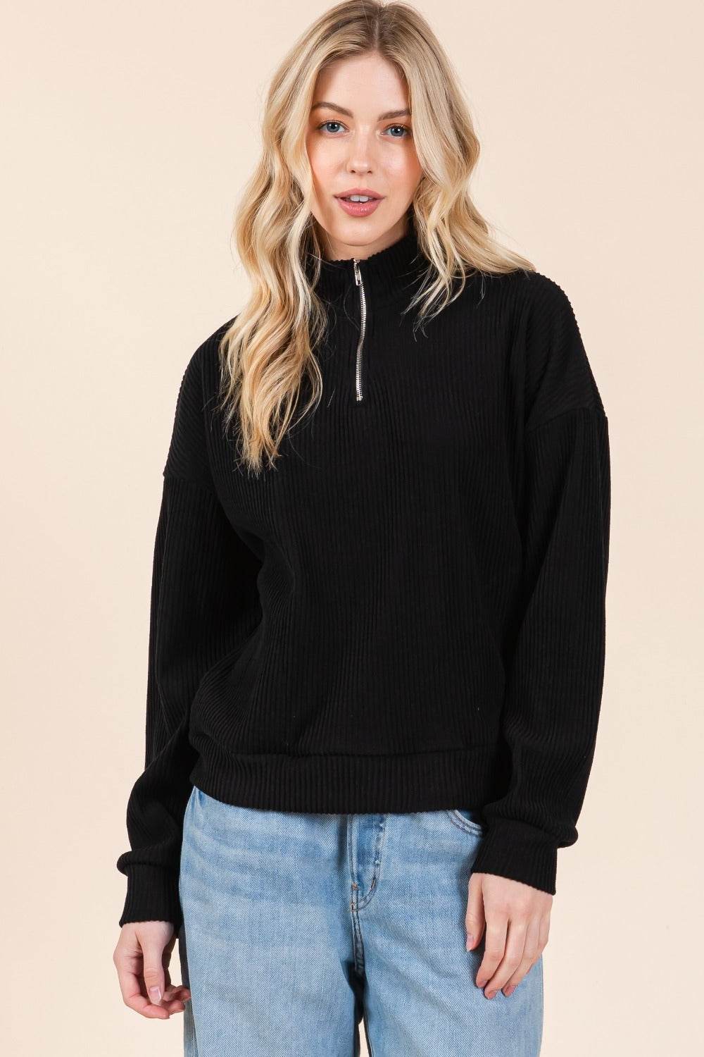 BOMBOM Quarter Zip Long Sleeve Sweatshirt with Pockets - Delanoir
