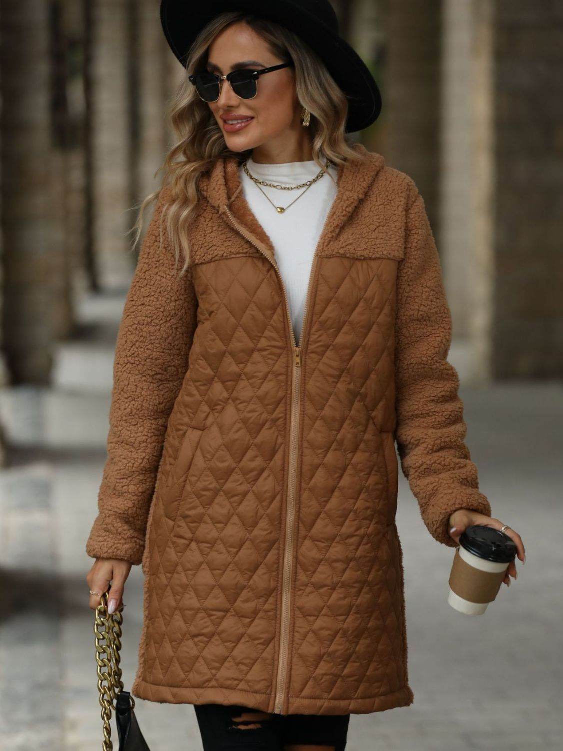 Texture Zip Up Long Sleeve Hooded Coat - Delanoir