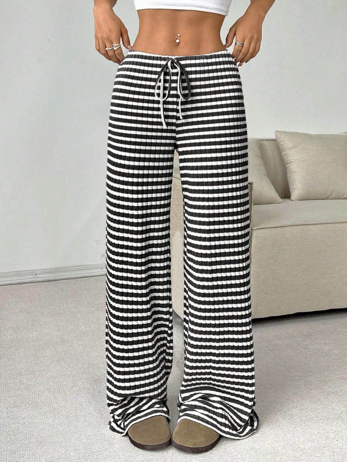 Tied Striped Wide Leg Pants - Delanoir