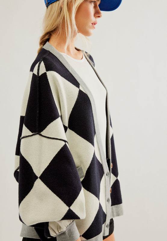 Color Block Button Down Long Sleeve Cardigan - Delanoir