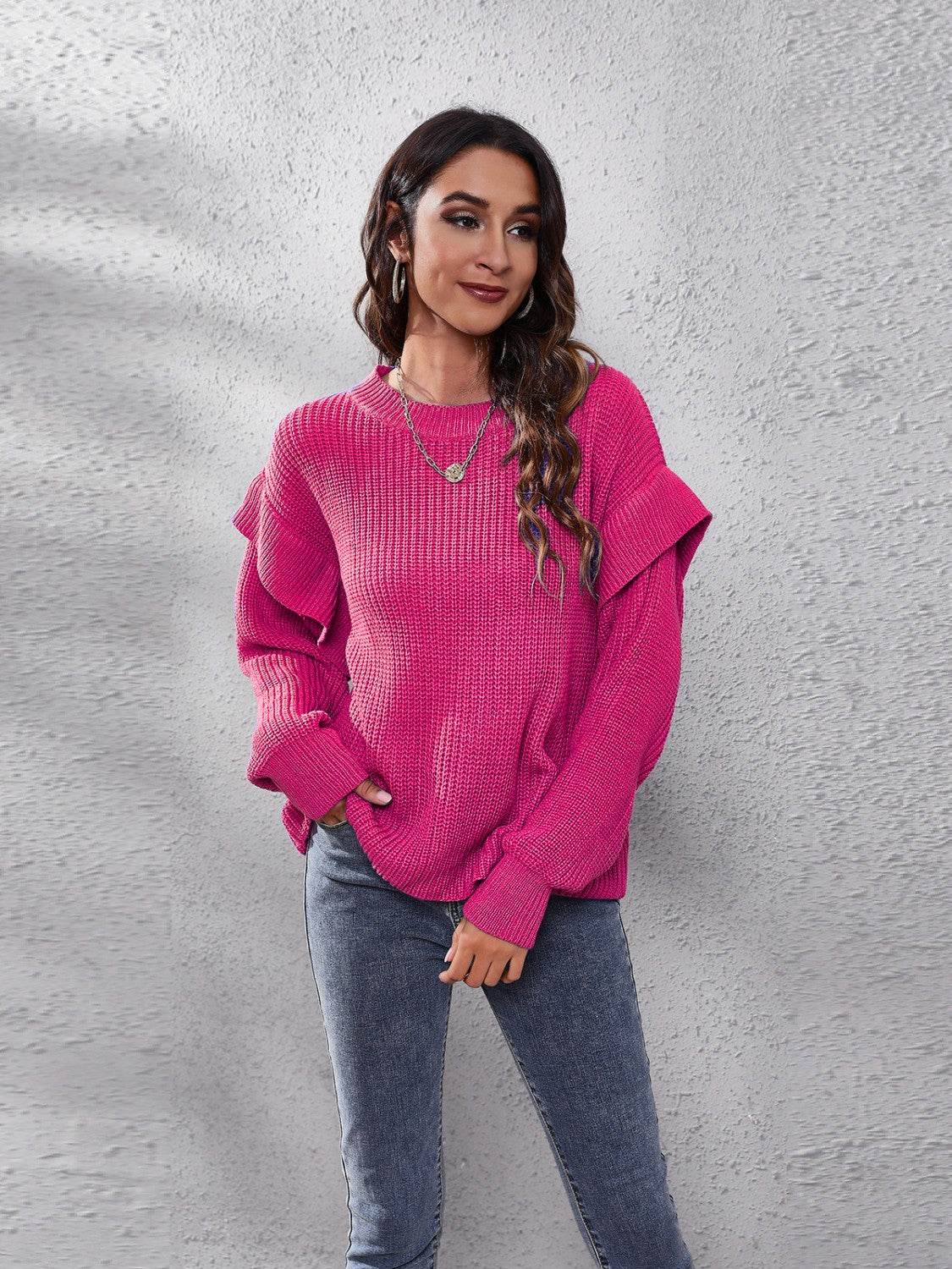 Ruffled Round Neck Dropped Shoulder Sweater - Delanoir