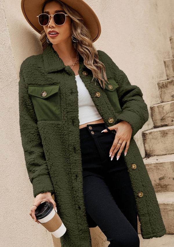 Collared Neck Long Sleeve Longline Teddy Jacket - Delanoir
