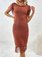 Fringe Openwork Boat Neck Knit Dress - Delanoir