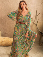 Printed Tie Neck Long Sleeve Dress - Delanoir