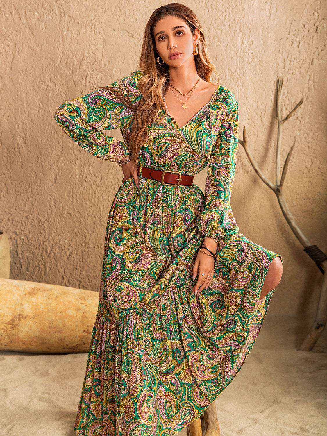 Printed Tie Neck Long Sleeve Dress - Delanoir