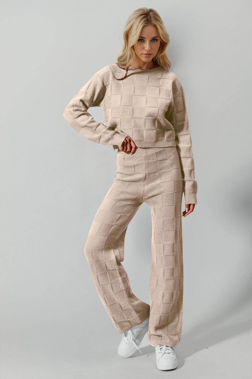 Double Take Full Size Checkered Round Neck Top and Pants Set - Delanoir